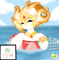 Size: 503x511 | Tagged: safe, artist:kroart, imported from derpibooru, daybreaker, pony, advertisement, commission, cute, diabreaker, happy, jewelry, mane of fire, ocean, smiling, water, your character here