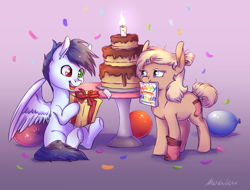 Size: 4372x3319 | Tagged: safe, artist:buttersprinkle, imported from derpibooru, oc, oc only, oc:slipstream, oc:sock, earth pony, pegasus, balloon, birthday, birthday cake, cake, clothes, commission, confetti, duo, earth pony oc, food, hairpin, pegasus oc, present, socks, wings