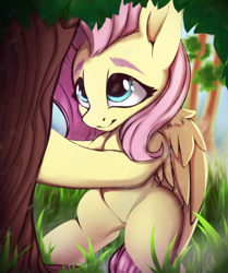 Size: 530x635 | Tagged: safe, artist:hitbass, imported from derpibooru, fluttershy, pegasus, cute, female, fluttertree, grass, mare, shyabetes, touch, tree