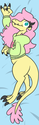 Size: 1417x4535 | Tagged: safe, artist:threetwotwo32232, imported from derpibooru, fluttershy, oc, oc:raptorshy, dinosaur, velociraptor, clothes, dakimakura cover, female, hoodie, solo, veloshyraptor