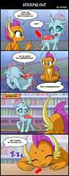 Size: 800x2020 | Tagged: safe, artist:uotapo, imported from derpibooru, ocellus, smolder, changedling, changeling, dragon, 4koma, :p, blushing, butt, comic, confused, covering eyes, cute, diaocelles, embarrassed, mlem, ocellass, onomatopoeia, plot, silly, silly dragon, sleeping, smolderbetes, sound effects, tongue out, translation, wings, zzz