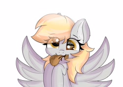 Size: 2560x1810 | Tagged: safe, artist:janelearts, imported from derpibooru, derpy hooves, pegasus, pony, cute, derpabetes, female, mare, money bag, mouth hold, simple background, solo, spread wings, white background, wings