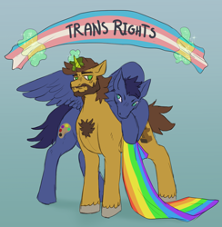 Size: 1078x1104 | Tagged: safe, artist:cottoncloudy, imported from derpibooru, oc, oc only, oc:butch hoof, oc:wind tail, pegasus, pony, unicorn, banner, beard, facial hair, flag, gay, gay pride flag, hooves, horn, looking at each other, magic, male, males only, oc x oc, pride, pride flag, shipping, smiling, trans, trans boy, trans male, trans pride flag, trans rights, transgender, transgender pride flag, wings