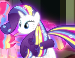 Size: 1206x938 | Tagged: safe, imported from derpibooru, screencap, pinkie pie, rarity, earth pony, pony, unicorn, do princesses dream of magic sheep, cropped, female, glow, glowing, offscreen character, rainbow power, rainbow power-ified, smiling, solo, solo focus