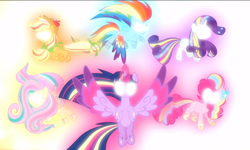 Size: 1560x938 | Tagged: safe, imported from derpibooru, screencap, applejack, fluttershy, pinkie pie, rainbow dash, rarity, twilight sparkle, alicorn, earth pony, pegasus, pony, unicorn, do princesses dream of magic sheep, cropped, female, floating, glow, glowing, glowing eyes, glowing horn, group, horn, magic, magic aura, mane six, rainbow power, rainbow power-ified, spread wings, twilight sparkle (alicorn), white eyes, wings