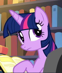 Size: 792x938 | Tagged: safe, imported from derpibooru, screencap, twilight sparkle, alicorn, pony, do princesses dream of magic sheep, book, bookshelf, cropped, female, frown, looking back, mare, solo, twilight sparkle (alicorn)