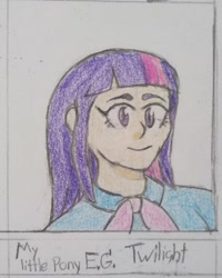 Size: 954x1193 | Tagged: safe, alternate version, artist:king_kaleo626, imported from derpibooru, twilight sparkle, human, equestria girls, bust, clothes, female, smiling, solo, traditional art