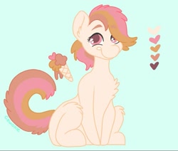 Size: 943x800 | Tagged: safe, artist:c_owokie, imported from derpibooru, oc, oc only, earth pony, pony, blue background, chest fluff, earth pony oc, female, fluffy, food, heart, ice cream, ice cream cone, mare, reference sheet, simple background, sitting, smiling, solo