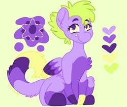 Size: 923x783 | Tagged: safe, artist:c_owokie, imported from derpibooru, oc, oc only, pegasus, pony, chest fluff, fluffy, heart, pegasus oc, reference sheet, simple background, sitting, smiling, solo, wings, yellow background