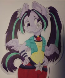 Size: 1080x1279 | Tagged: safe, artist:c_owokie, imported from derpibooru, aria blaze, anthro, pegasus, clothes, equestria girls ponified, female, jewelry, necklace, ponified, sharp teeth, solo, species swap, teeth, traditional art, wings