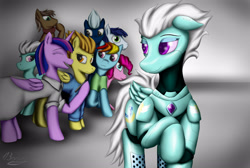 Size: 2985x2001 | Tagged: safe, artist:bomzzzik, imported from derpibooru, fleetfoot, night glider, pinkie pie, rainbow dash, soarin', spitfire, twilight sparkle, pegasus, pony, robot, robot pony, digital art, duality, fanart, female, group, roboticization, wonderbolts