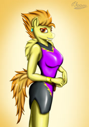 Size: 1741x2470 | Tagged: safe, artist:bomzzzik, imported from derpibooru, spitfire, anthro, pegasus, clothes, digital art, dress, fanart, female, shadowbolts, short dress, solo, wonderbolts