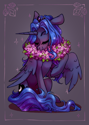 Size: 2894x4093 | Tagged: safe, artist:shore2020, imported from derpibooru, princess luna, alicorn, pony, eyes closed, female, floral necklace, flower necklace, flower wreath, solo