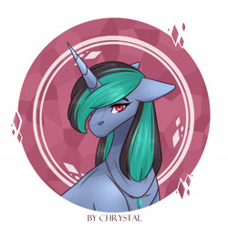 Size: 2362x2362 | Tagged: safe, artist:chrystal_company, imported from derpibooru, oc, oc only, oc:nightmare chrystal, pony, unicorn, abstract background, bust, horn, jewelry, necklace, red eyes, solo, unicorn oc