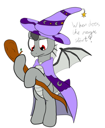 Size: 2657x3246 | Tagged: safe, artist:agreylongma, imported from derpibooru, oc, oc only, dracony, dragon, hybrid, longma, pony, bipedal, cape, clothes, dialogue, fangs, hat, male, red eyes, simple background, solo, spread wings, white background, wings, wizard hat