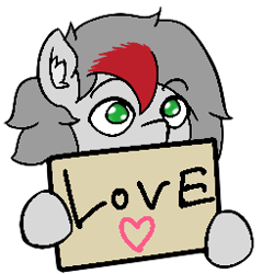 Size: 256x256 | Tagged: safe, artist:move, imported from derpibooru, oc, oc only, oc:move, pegasus, pony, cute, ear fluff, emotes, gray mane, green eyes, grey fur, love, male, sign, solo, text