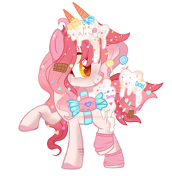 Size: 1920x1962 | Tagged: safe, artist:lazuli, artist:mint-light, artist:nightingalewolfie, imported from derpibooru, oc, oc only, earth pony, food pony, original species, pony, candy, food, ice cream, oc name needed, oc needed, ponified, simple background, solo, sweets, transparent background