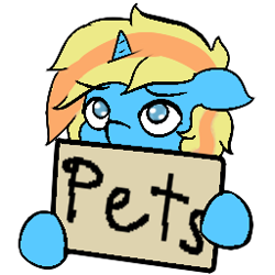 Size: 256x256 | Tagged: safe, artist:move, imported from derpibooru, oc, oc only, oc:skydreams, pony, unicorn, asking for it, blue eyes, blue fur, emotes, horn, pets, sign, solo, yellow mane