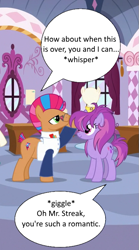 Size: 401x720 | Tagged: safe, edit, edited screencap, imported from derpibooru, screencap, glitter spritz, starstreak, earth pony, pony, honest apple, carousel boutique, cropped, female, implied sex, invitation, male, mare, shipping, speech bubble, stallion, starspritz, straight