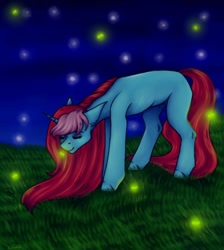 Size: 1080x1204 | Tagged: safe, artist:ash_helz, imported from derpibooru, oc, oc only, firefly (insect), insect, pony, unicorn, eyes closed, grass, horn, night, outdoors, solo, unicorn oc