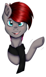 Size: 1492x2492 | Tagged: safe, artist:chazmazda, imported from derpibooru, oc, oc only, oc:steelrhythm, pony, blushing, bust, clothes, commission, emote, eye shimmer, hair, highlight, highlights, hooves, portrait, scarf, shading, shine, simple background, solo, tongue out, transparent background, wave