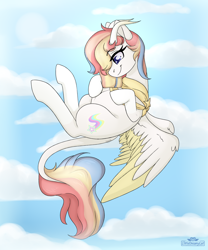 Size: 2500x3000 | Tagged: safe, artist:dreamy, artist:lionbun, artist:littledreamycat, imported from derpibooru, oc, oc:rainbow dreams, pegasus, pony, belly, commission, female, floating, flying, hoof on belly, horn, leonine tail, looking at belly, mare, multicolored hair, pregnant, rainbow hair, ribbon, sky, two toned wings, wings