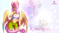 Size: 1920x1080 | Tagged: safe, artist:thundereddie, imported from derpibooru, fluttershy, anthro, pegasus, pony, breasts, busty fluttershy, clothes, cutie mark background, female, hair over one eye, kindness, redraw, shorts, shy, solo, wings