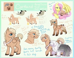 Size: 1920x1525 | Tagged: safe, artist:amiookamiwolf, imported from derpibooru, fluttershy, oc, oc:cortland, oc:desorde, oc:entropy, dog, hybrid, pony, broom, colt, cuddling, female, freckles, interspecies offspring, male, messenger bag, mother and child, mother and son, mud, muddy, offspring, parent:big macintosh, parent:discord, parent:fluttershy, parent:princess celestia, parents:dislestia, parents:fluttermac, pet oc, reference sheet, stallion, tooth gap, wing hands, wings