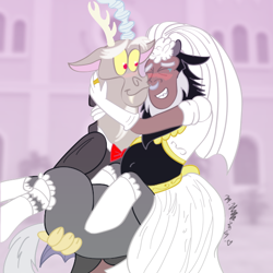 Size: 560x560 | Tagged: safe, artist:jacalope, artist:necrofeline, imported from derpibooru, discord, lord tirek, centaur, draconequus, clothes, colored, crossdressing, dress, gay, male, marriage, shipping, tirekcord, wedding dress