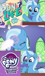 Size: 640x1080 | Tagged: safe, artist:kayman13, edit, edited screencap, imported from derpibooru, screencap, trixie, pony, all bottled up, my little pony: pony life, background pony strikes again, drama, exploitable meme, g4.5, mouthpiece, my little pony logo, my little pony: friendship is forever, op is trying to be funny, op isn't even trying anymore, pony life drama, trixie fixing meme