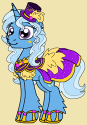 Size: 632x908 | Tagged: safe, artist:rosefang16, imported from derpibooru, trixie, pony, unicorn, alternate hairstyle, alternate universe, clothes, dress, ear fluff, female, hat, hoof shoes, leg fluff, mare, petitverse, simple background, solo, top hat, yellow background