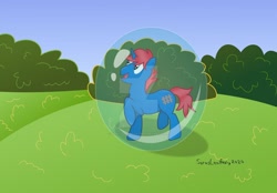 Size: 1024x714 | Tagged: safe, artist:ry-bluepony1, artist:sorasleafeon, imported from derpibooru, oc, oc only, oc:train track, pony, unicorn, blue sky, bubble, bush, deviantart watermark, happy, horn, looking up, male, obtrusive watermark, open mouth, original character do not steal, smiling, solo, stallion, unicorn oc, vector, watermark