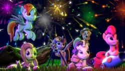 Size: 1280x720 | Tagged: safe, artist:xvclumsybusponevx, imported from derpibooru, applejack, fluttershy, pinkie pie, rainbow dash, rarity, spike, twilight sparkle, alicorn, dragon, mouse, pony, rabbit, 3d, animal, fireworks, mane seven, mane six, party cannon, sleeping, telescope, twilight sparkle (alicorn), winged spike, wings