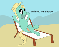 Size: 1280x1024 | Tagged: safe, artist:teddieatwork, imported from derpibooru, zephyr breeze, pegasus, beach, beach chair, chair, relaxing, wish you were here