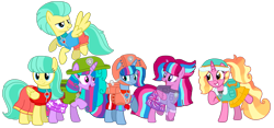 Size: 2091x980 | Tagged: safe, artist:徐詩珮, imported from derpibooru, barley barrel, luster dawn, pickle barrel, oc, oc:bubble sparkle, oc:nova sparkle, oc:velvet berrytwist, alicorn, pegasus, pony, unicorn, bubbleverse, series:sprglitemplight diary, series:sprglitemplight life jacket days, series:springshadowdrops diary, series:springshadowdrops life jacket days, alternate universe, barrel twins, base used, clothes, ella (paw patrol), everest (paw patrol), female, filly, lifeguard, magical lesbian spawn, magical threesome spawn, mare, multiple parents, next generation, offspring, older barley barrel, older pickle barrel, parent:glitter drops, parent:spring rain, parent:tempest shadow, parent:twilight sparkle, parents:glittershadow, parents:sprglitemplight, parents:springdrops, parents:springshadow, parents:springshadowdrops, paw patrol, rule 63, siblings, simple background, sisters, tracker (paw patrol), transparent background, tuck (paw patrol), twins, wings