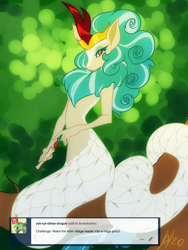 Size: 1200x1600 | Tagged: safe, artist:broeckchen, imported from derpibooru, rain shine, anthro, kirin, lamia, monster pony, original species, ask, clothes, covered, female, lamiafied, leader, looking at you, partial nudity, solo, species swap, topless, tree, tumblr