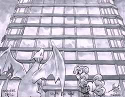 Size: 4576x3554 | Tagged: safe, artist:digiral, imported from derpibooru, pinkie pie, charizard, pony, building, monochrome, pokémon, traditional art