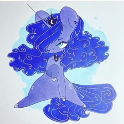 Size: 720x724 | Tagged: safe, artist:dollbunnie, imported from derpibooru, princess luna, alicorn, pony, covered eye, crown, ear piercing, earring, fanart, female, hair over one eye, instagram, jewelry, markers, piercing, regalia, solo, traditional art