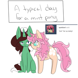 Size: 1000x1000 | Tagged: safe, artist:kaggy009, imported from derpibooru, oc, oc only, oc:cherry blossom, oc:peppermint pattie (unicorn), pony, unicorn, ask peppermint pattie, female, licking, mare, tongue out