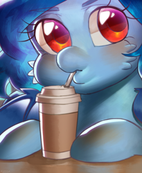 Size: 2081x2544 | Tagged: safe, artist:klooda, imported from derpibooru, oc, oc only, oc:tazzee, bat pony, pony, blushing, bust, coffee, commission, cute, female, finished commission, hooves on the table, looking at you, mare, portrait, red eyes, sipping, solo, spread wings, wings, ych result