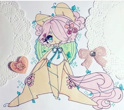 Size: 720x638 | Tagged: safe, artist:dollbunnie, imported from derpibooru, fluttershy, pegasus, semi-anthro, alternate hairstyle, blouse, clothes, different hairstyle, female, hair over one eye, hairpin, pigtails, rilakkuma, skirt, solo, wings