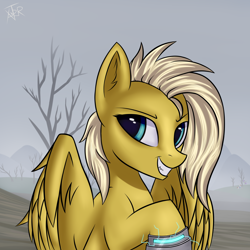 Size: 3000x3000 | Tagged: safe, artist:xanter, imported from derpibooru, oc, oc only, oc:psychoshy, pegasus, pony, fallout equestria, fallout equestria: project horizons, bust, dead tree, ear fluff, eye reflection, fanfic, fanfic art, female, high res, mare, portrait, power hoof, raised hoof, reflection, smiling, solo, spread wings, tree, wings