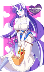 Size: 1858x3000 | Tagged: safe, artist:jonfawkes, imported from derpibooru, twilight velvet, anthro, unicorn, art pack:got sum-mer milf, anime, anime style, apple, basket, big breasts, blushing, breasts, busty twilight velvet, carrot, clothes, do you love your mom and her two-hit multi-target attacks, dress, female, food, gloves, hair ribbon, herbivore, implied shining armor, implied twilight sparkle, mamako oosuki, milf, okaa-san online, onion, open mouth, picnic basket, potato, sword, weapon, zap apple