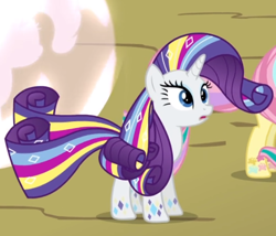 Size: 632x542 | Tagged: safe, imported from derpibooru, screencap, rarity, pegasus, pony, unicorn, twilight's kingdom, cropped, female, offscreen character, open mouth, rainbow power, rainbow power-ified, solo, solo focus