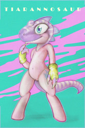 Size: 2000x3000 | Tagged: safe, artist:darkdoomer, imported from derpibooru, diamond tiara, dinosaur, belly button, bipedal, clothes, context is for the weak, female, filly, fursuit, gloves, head, solo, standing, wat