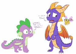 Size: 4591x3299 | Tagged: safe, artist:chub-wub, imported from derpibooru, spike, dragon, dragonfly, insect, all fours, bipedal, confused, crossover, male, open mouth, quadrupedal spike, simple background, sparx the dragonfly, spyro the dragon, spyro the dragon (series), white background, winged spike, wings