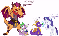 Size: 8100x4958 | Tagged: safe, artist:chub-wub, imported from derpibooru, rarity, spike, dragon, pony, unicorn, bandana, basket, belt, confused, crossover, eating, female, gem, glowing horn, horn, levitation, magic, male, mare, open mouth, raised hoof, shocked, simple background, sitting, spyro the dragon, spyro the dragon (series), telekinesis, white background, winged spike, wings