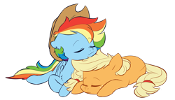 Size: 4393x2520 | Tagged: safe, artist:chub-wub, imported from derpibooru, applejack, rainbow dash, earth pony, pegasus, pony, accessory theft, appledash, applejack's hat, cowboy hat, cute, dashabetes, ear piercing, earring, eyes closed, female, hat, jackabetes, jewelry, lesbian, mare, piercing, shipping, simple background, sleeping, transparent background