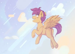 Size: 1280x934 | Tagged: safe, artist:tavifly, imported from derpibooru, scootaloo, pegasus, pony, blank flank, chest fluff, cloud, cute, cutealoo, ear fluff, female, filly, flying, open mouth, scootaloo can fly, sky, smiling, solo, spread wings, wings