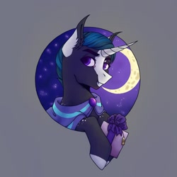 Size: 1080x1080 | Tagged: safe, artist:ash_helz, imported from derpibooru, oc, oc only, pony, unicorn, bust, cloak, clothes, colored hooves, crescent moon, horn, moon, night, solo, stars, unicorn oc